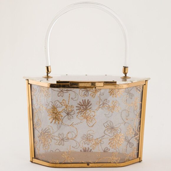 1950s Vintage "Majestic" Lucite & Gold Floral Lace Top Midcentury Handle Box Bag - Picture 1 of 5